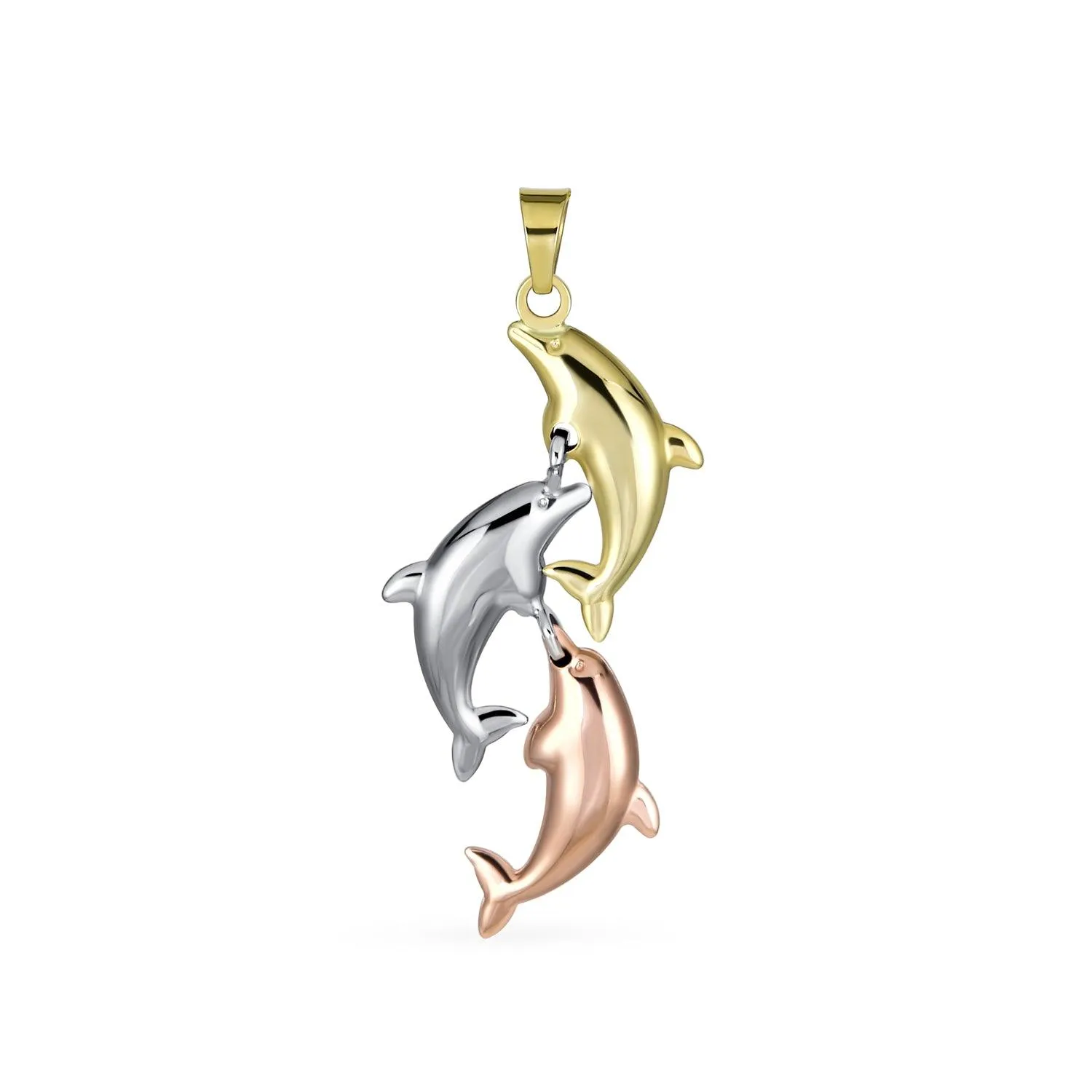 14K Yellow REAL Gold Nautical Dolphin Family Pendant