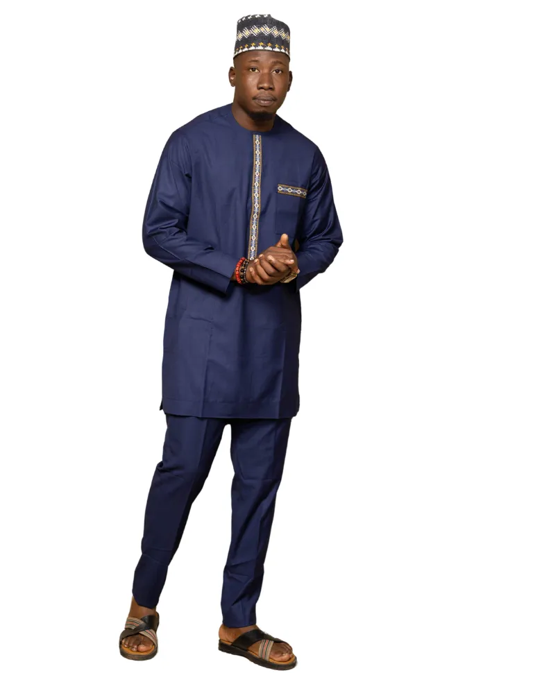 2 Pc African Print Long Sleeve Kaftan Top and Trouser for Men - Chidi