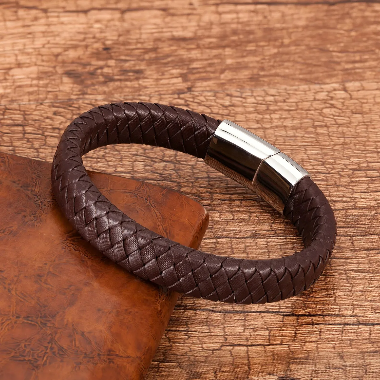 2020 Charm Men Jewelry Classic Black Braided Leather Bracelet For Men Stainless Steel Magnetic Clasp