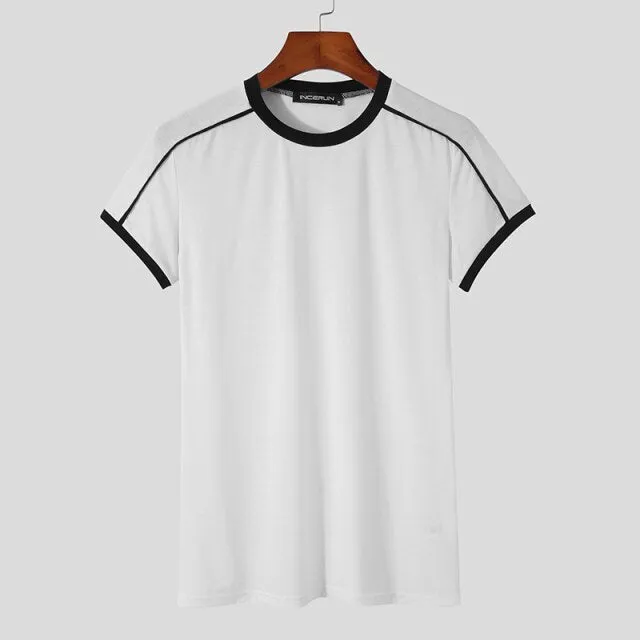 2023 Summer Men Patchwork Marian T Shirt Round Neck Short Sleeve Fitness Tops