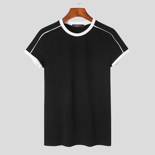 2023 Summer Men Patchwork Marian T Shirt Round Neck Short Sleeve Fitness Tops