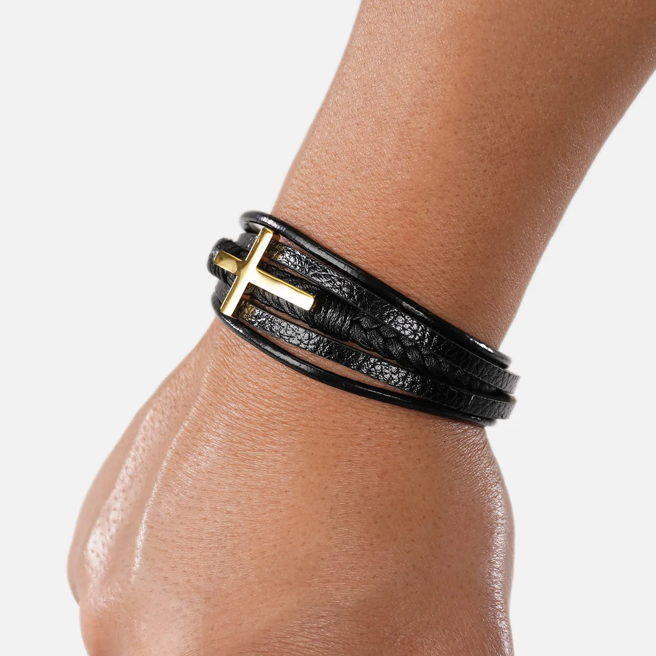 3 in 1 Gold Cross Leather Bracelet