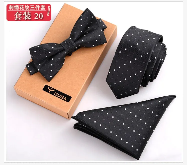 3 PCS Men Bow Tie and Handkerchief Set Bowtie Slim Necktie