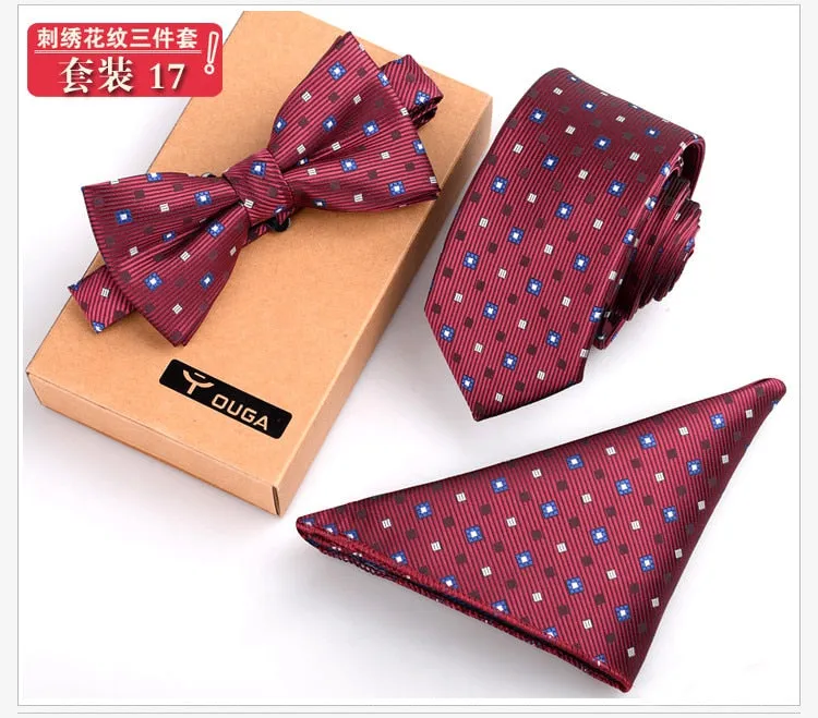 3 PCS Men Bow Tie and Handkerchief Set Bowtie Slim Necktie