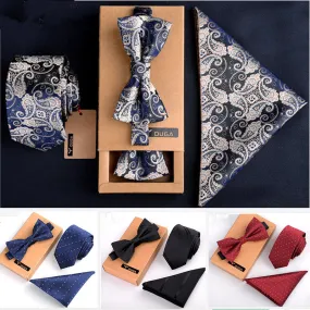 3 PCS Men Bow Tie and Handkerchief Set Bowtie Slim Necktie