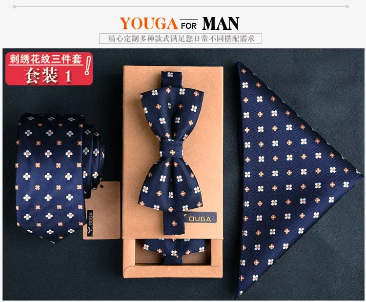 3 PCS Men Bow Tie and Handkerchief Set Bowtie Slim Necktie