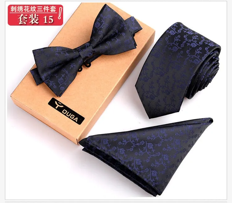 3 PCS Men Bow Tie and Handkerchief Set Bowtie Slim Necktie