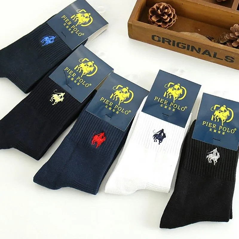 5 Pairs Per Lot Polo Men's Sheer Cotton Winter Socks with Embroidery