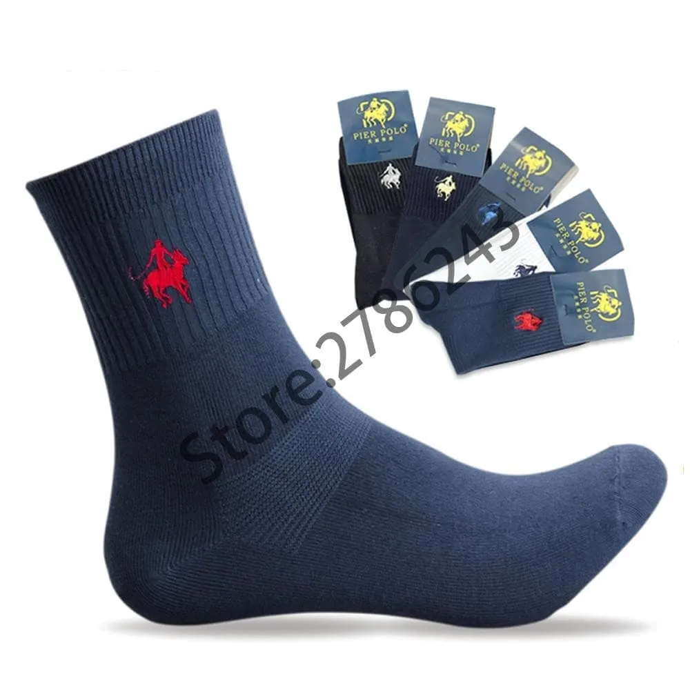 5 Pairs Per Lot Polo Men's Sheer Cotton Winter Socks with Embroidery