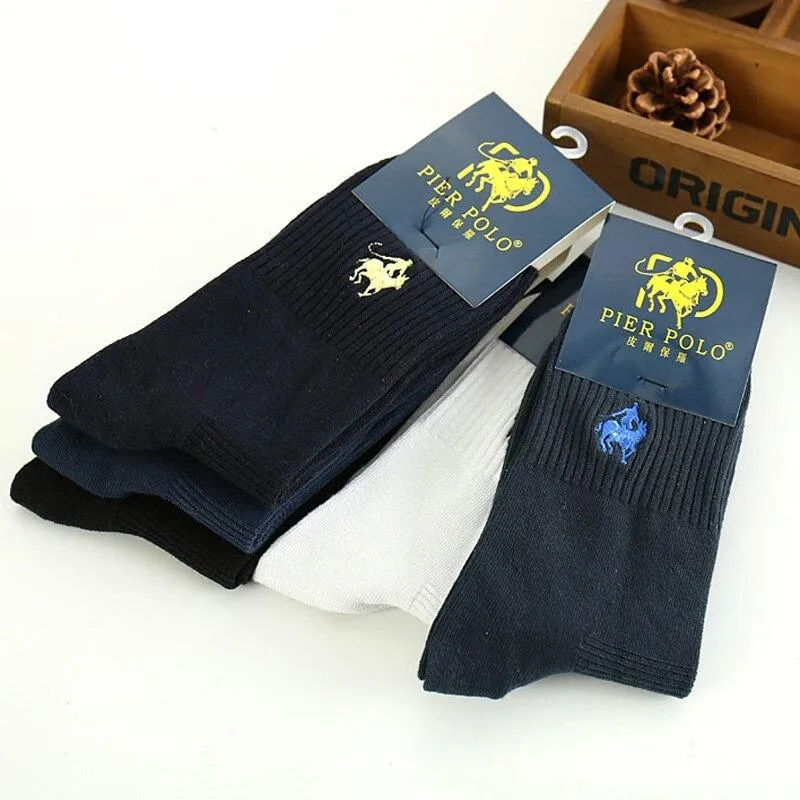 5 Pairs Per Lot Polo Men's Sheer Cotton Winter Socks with Embroidery