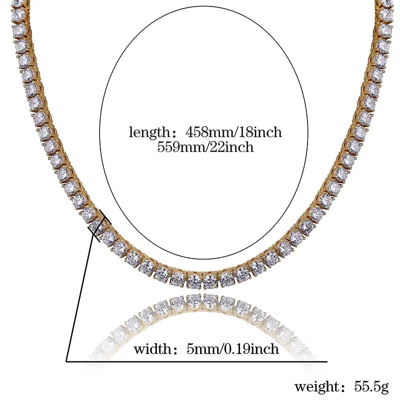 5mm Iced Out AAA Zircon 1 Row Tennis Chain Necklace Men's Hip-hop Jewelry