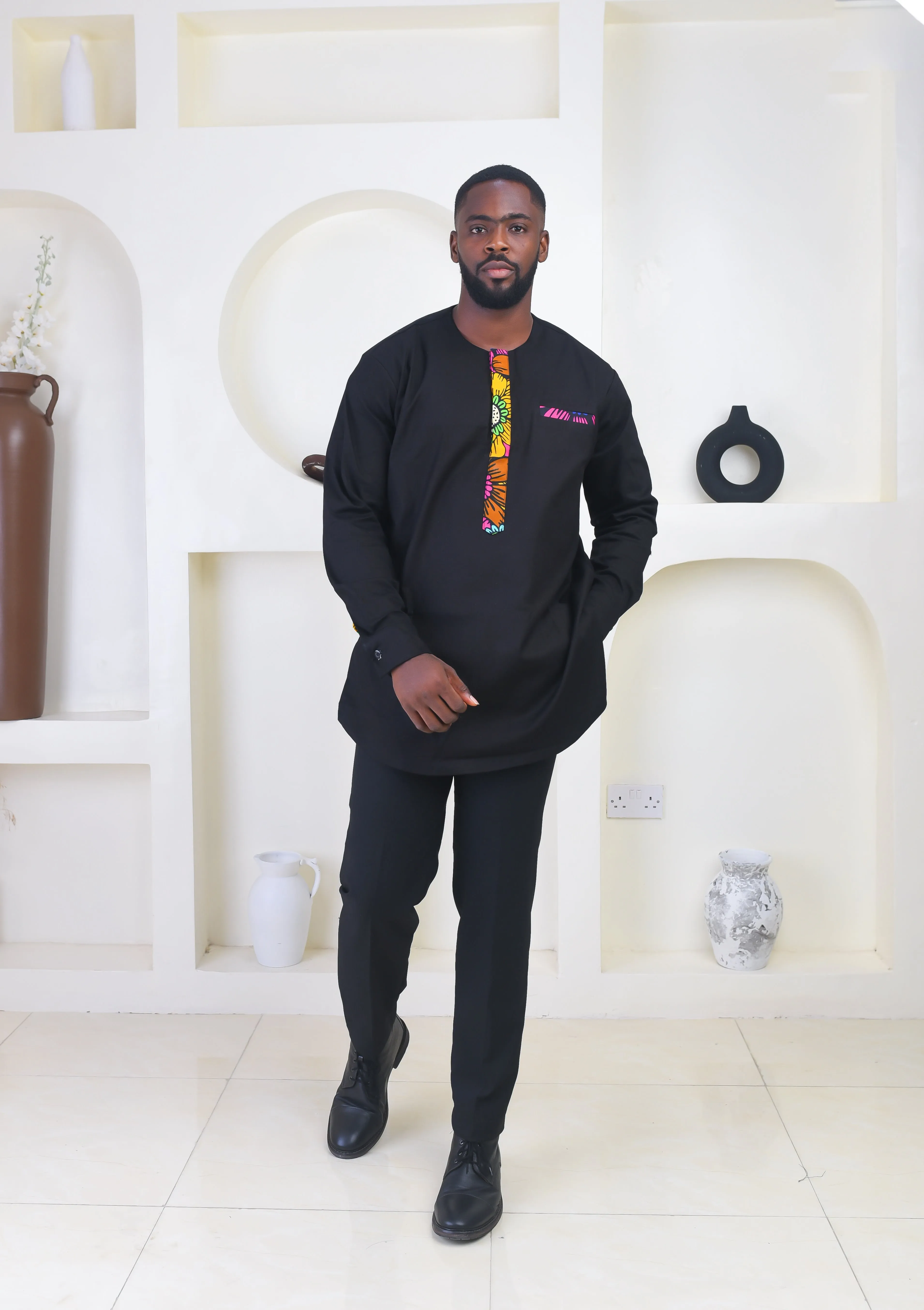 African Print Long Sleeve Kaftan Top for Men - Emeka