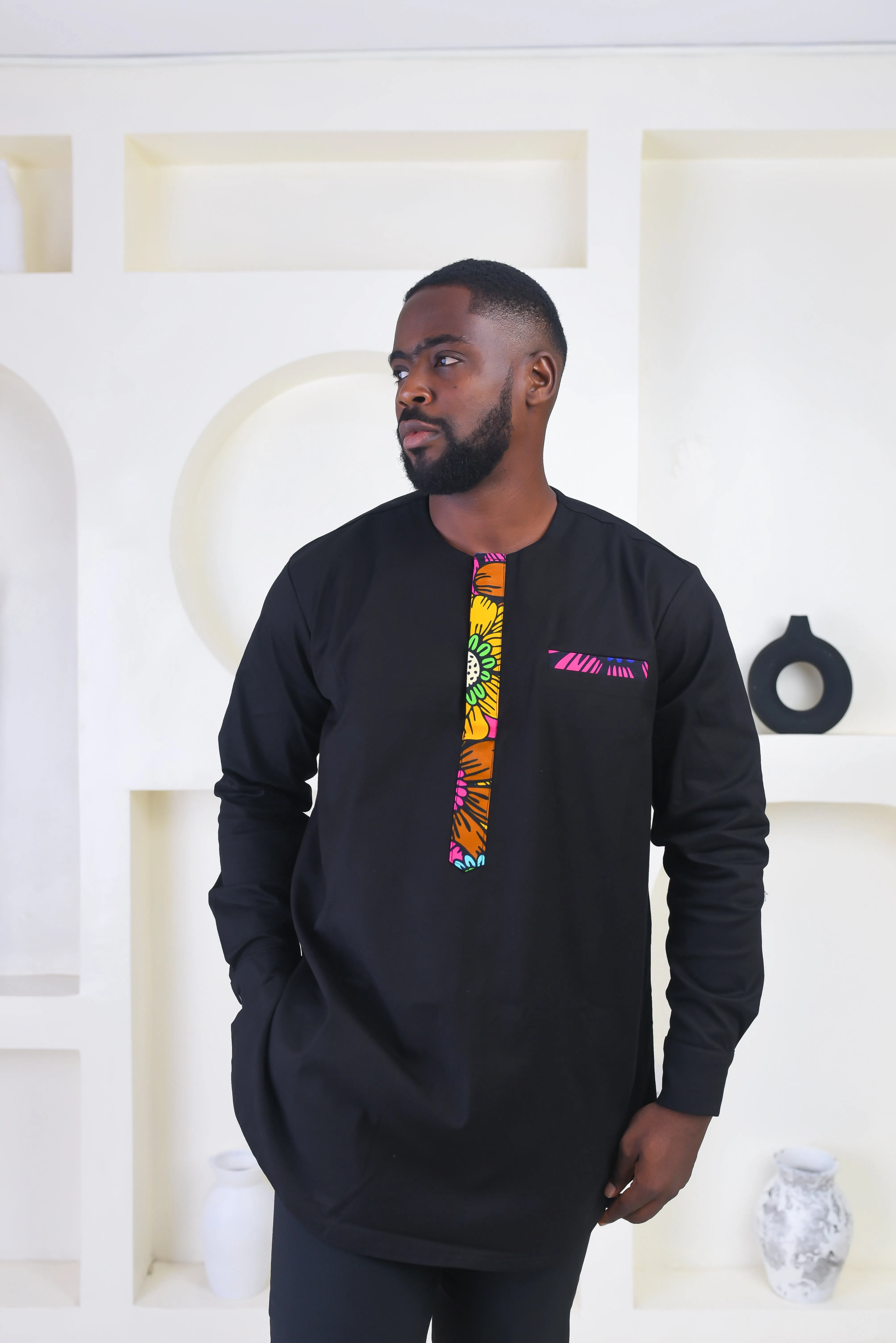 African Print Long Sleeve Kaftan Top for Men - Emeka