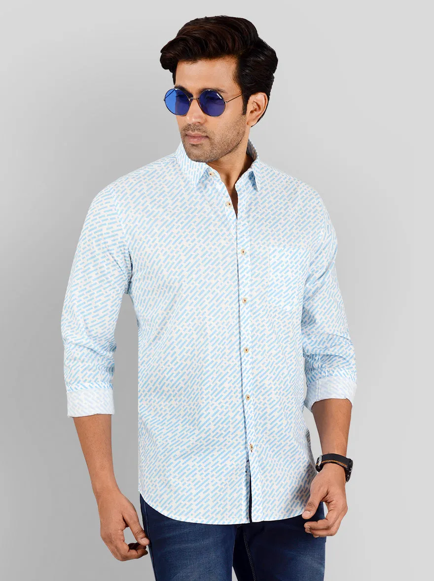 Air Blue & White Printed Slim Fit Casual Shirt | JadeBlue