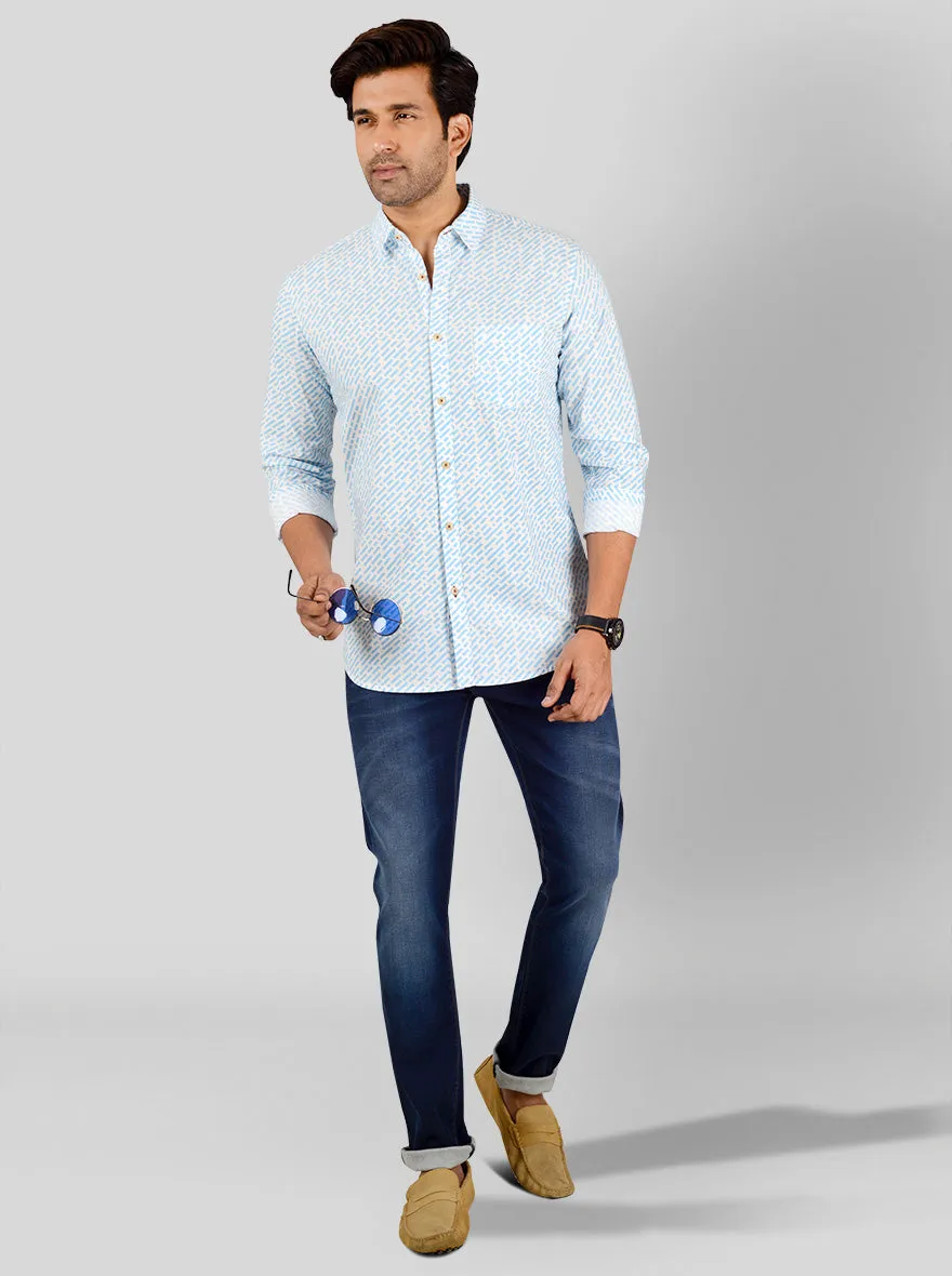 Air Blue & White Printed Slim Fit Casual Shirt | JadeBlue