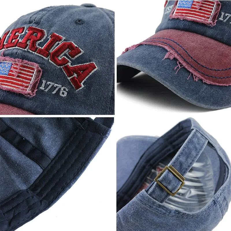 America Flag Vintage 1776 Washed Cotton Snapback Baseball Cap