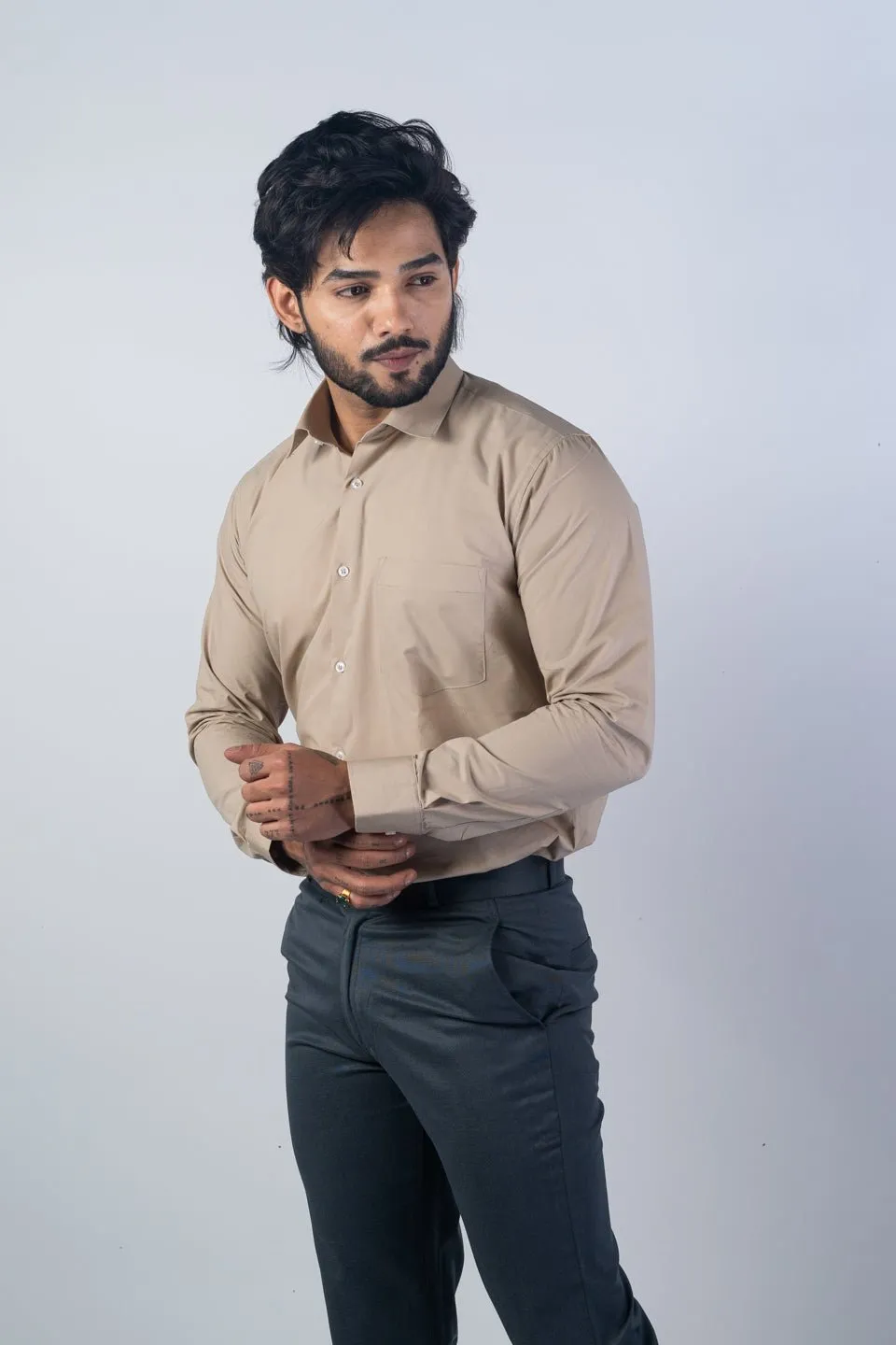 Beige Color Lycra Twill Cotton Shirt For Men