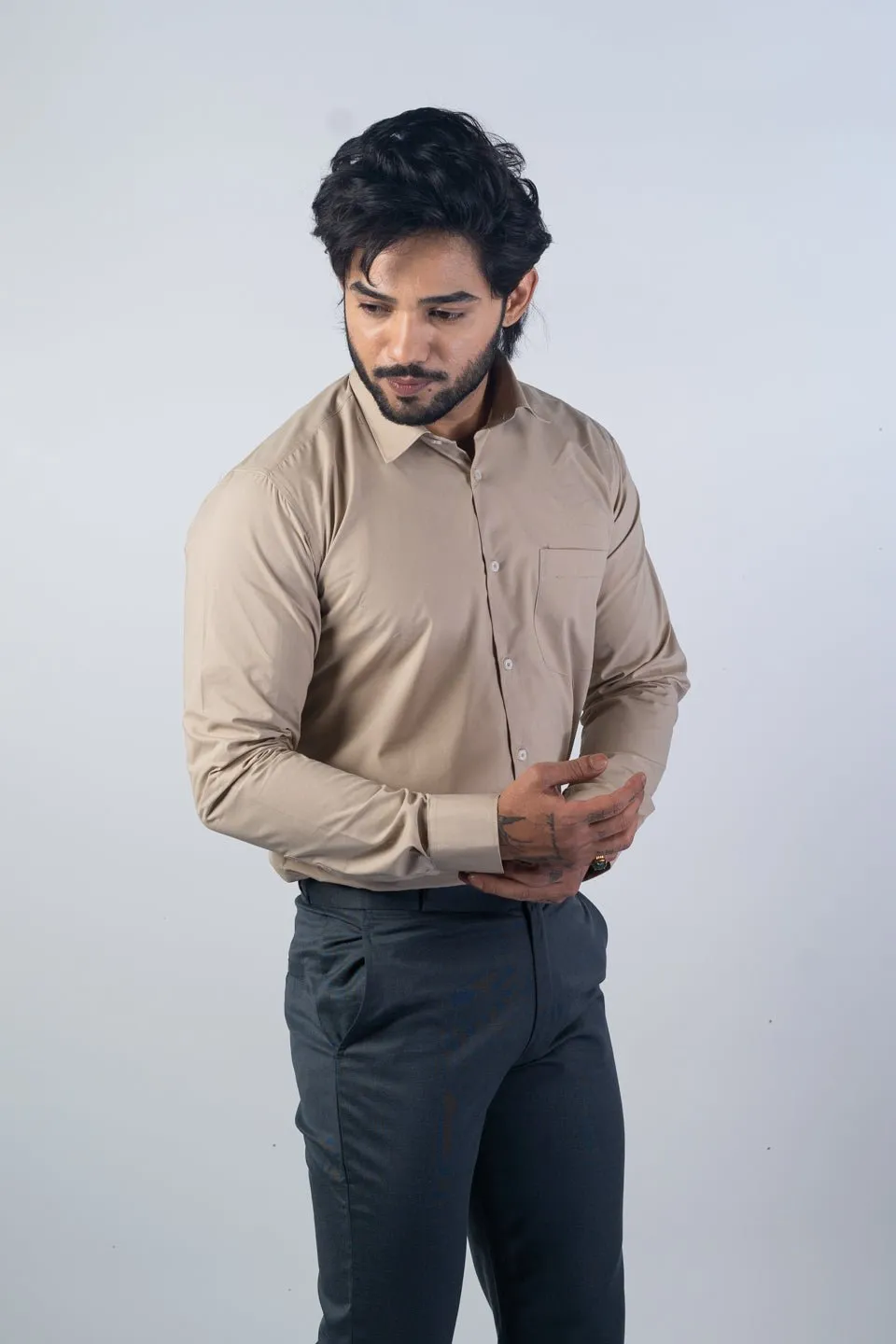 Beige Color Lycra Twill Cotton Shirt For Men