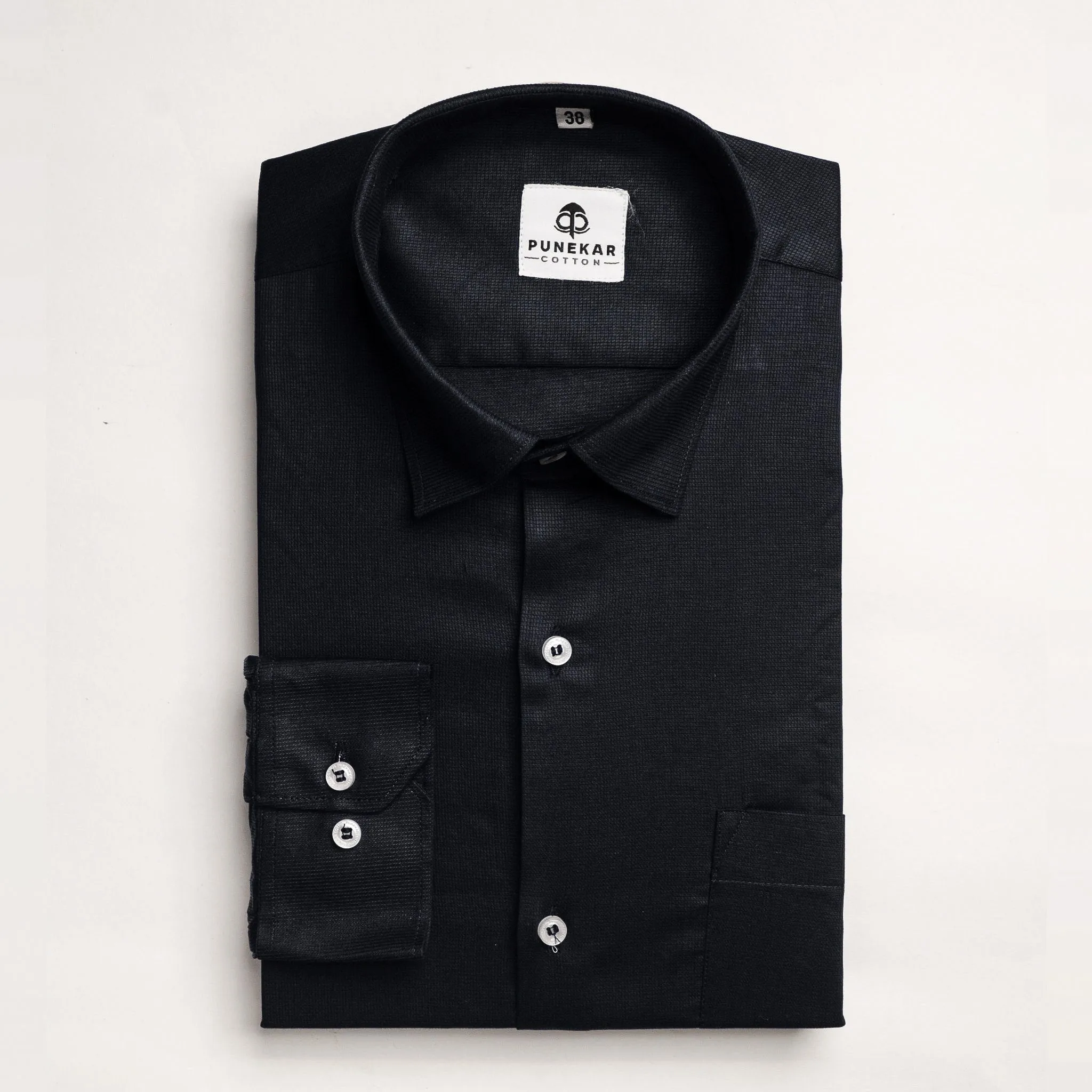 Black Color Micro Checks Texture Satin Cotton Shirt For Men