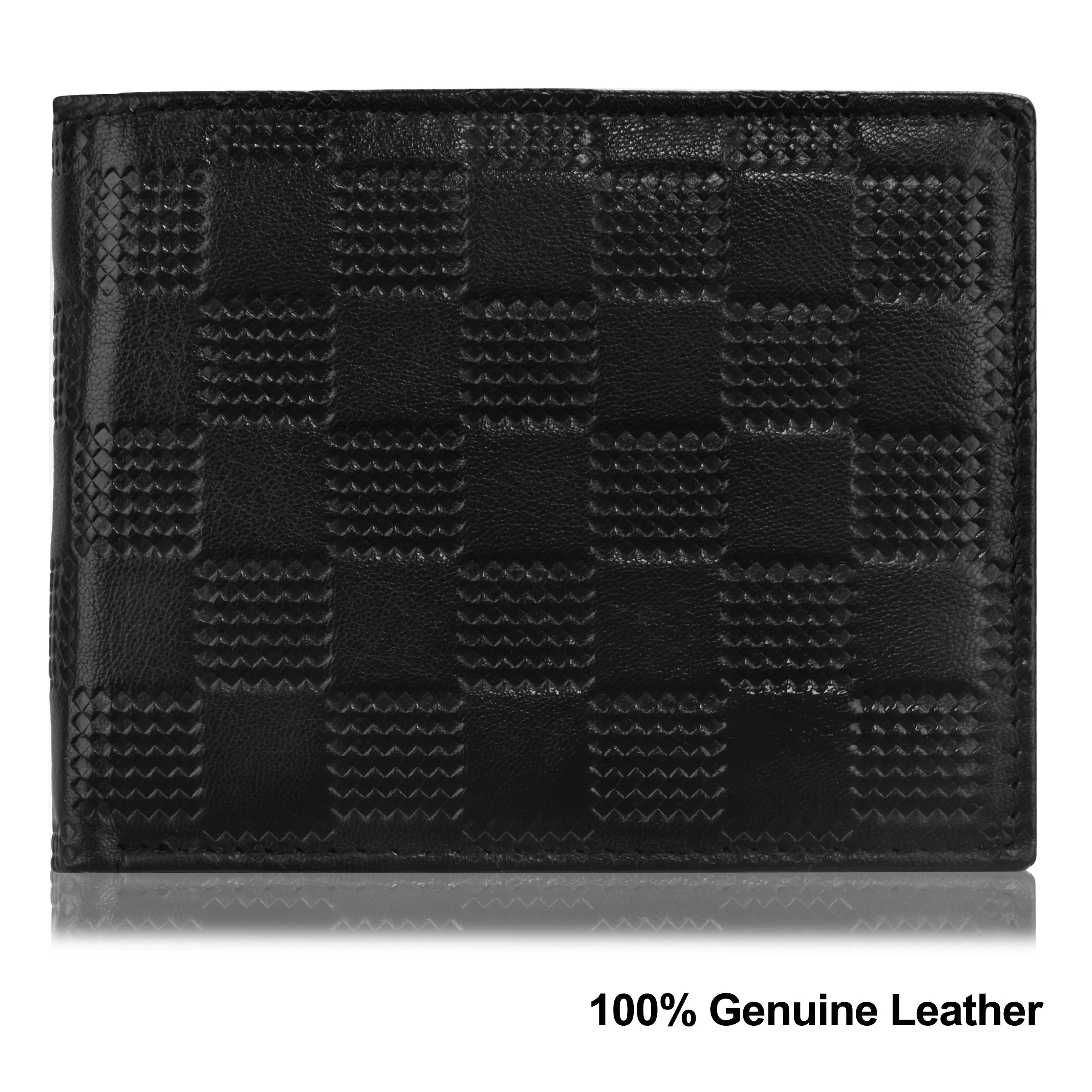 Black Leather Bi-Fold Wallet with RFID Blocking - Embossed Box Pattern, Zippered Coin Pocket, and ID Card Slot