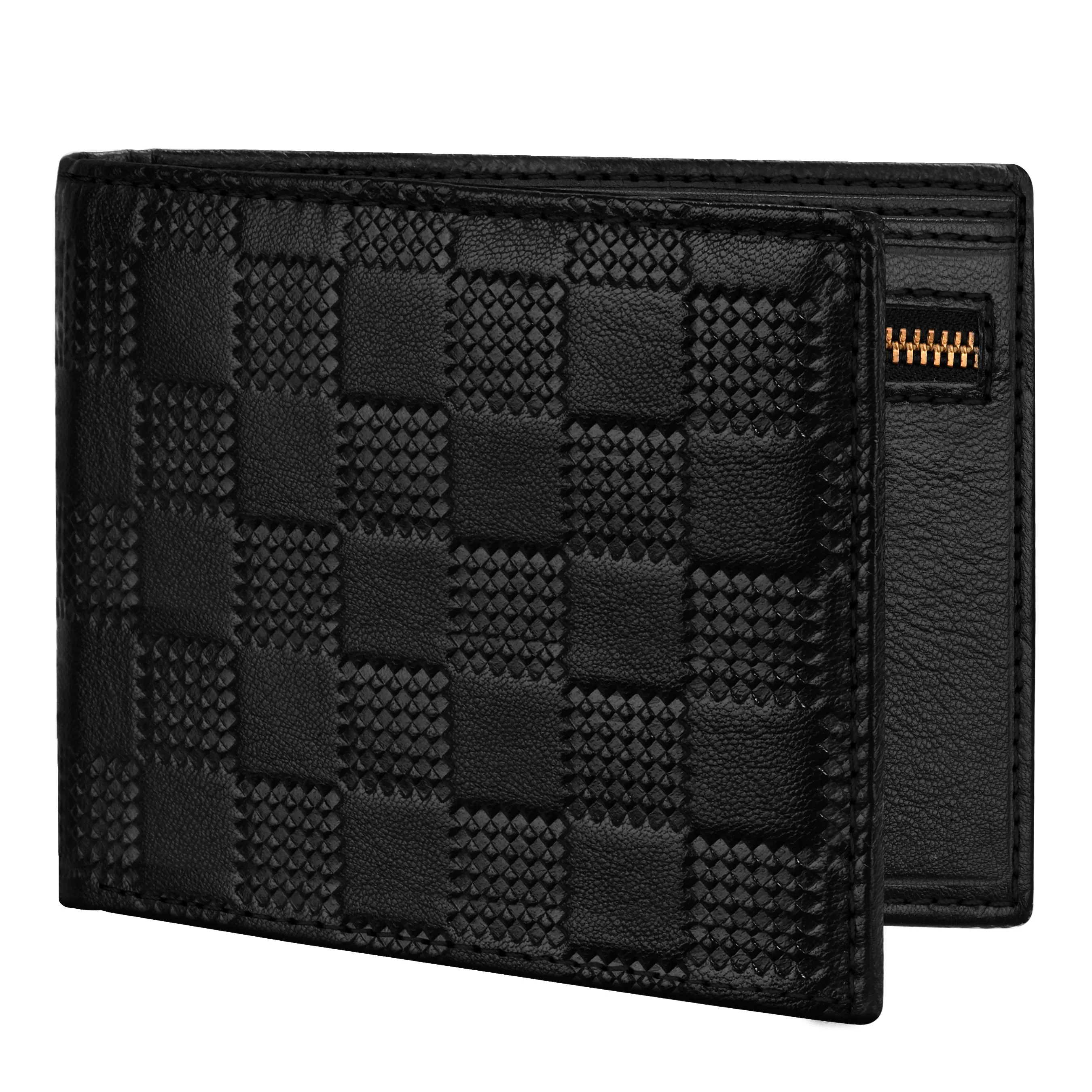 Black Leather Bi-Fold Wallet with RFID Blocking - Embossed Box Pattern, Zippered Coin Pocket, and ID Card Slot