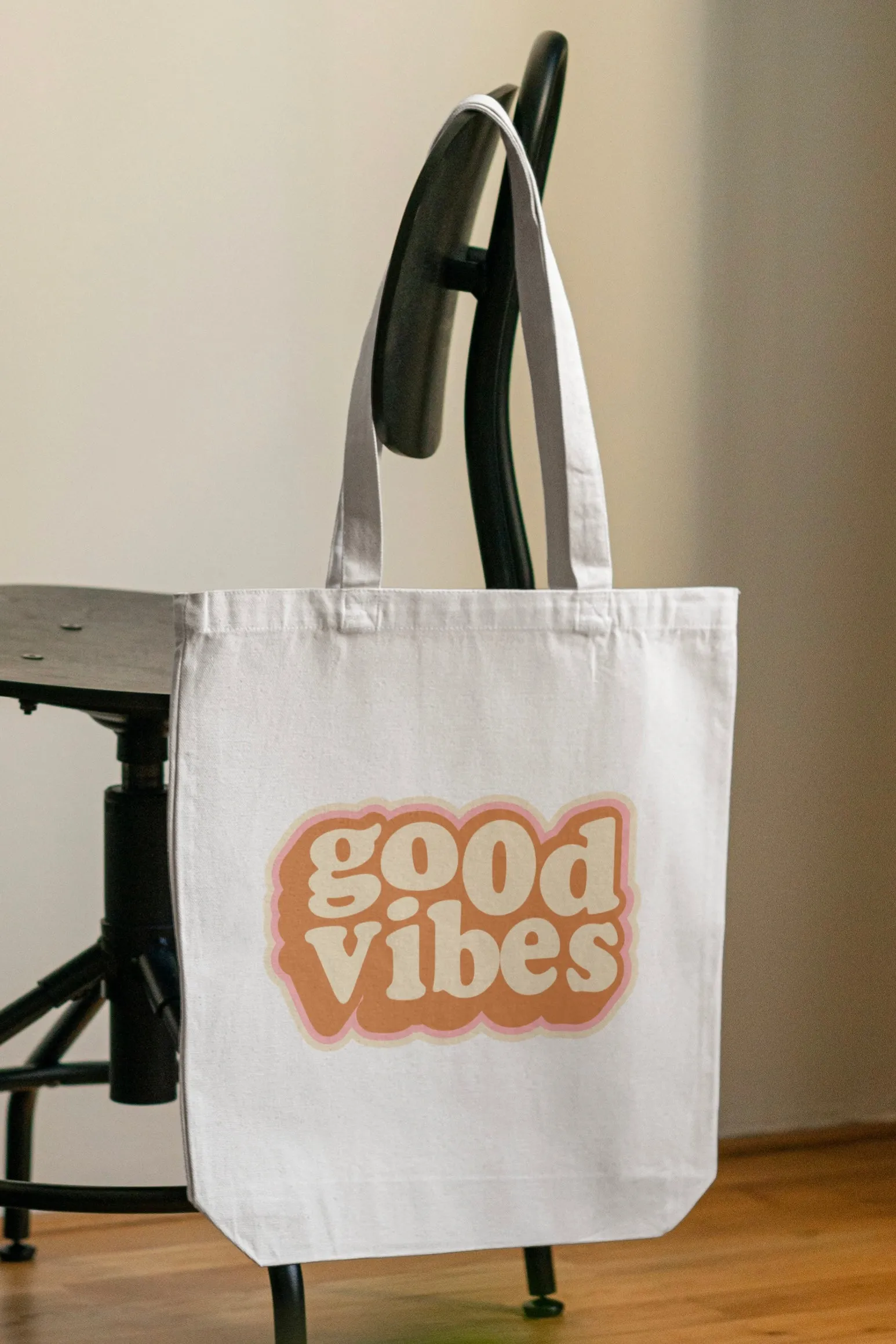 Black/White Good Vibes Typography Tote Bag with Zipper