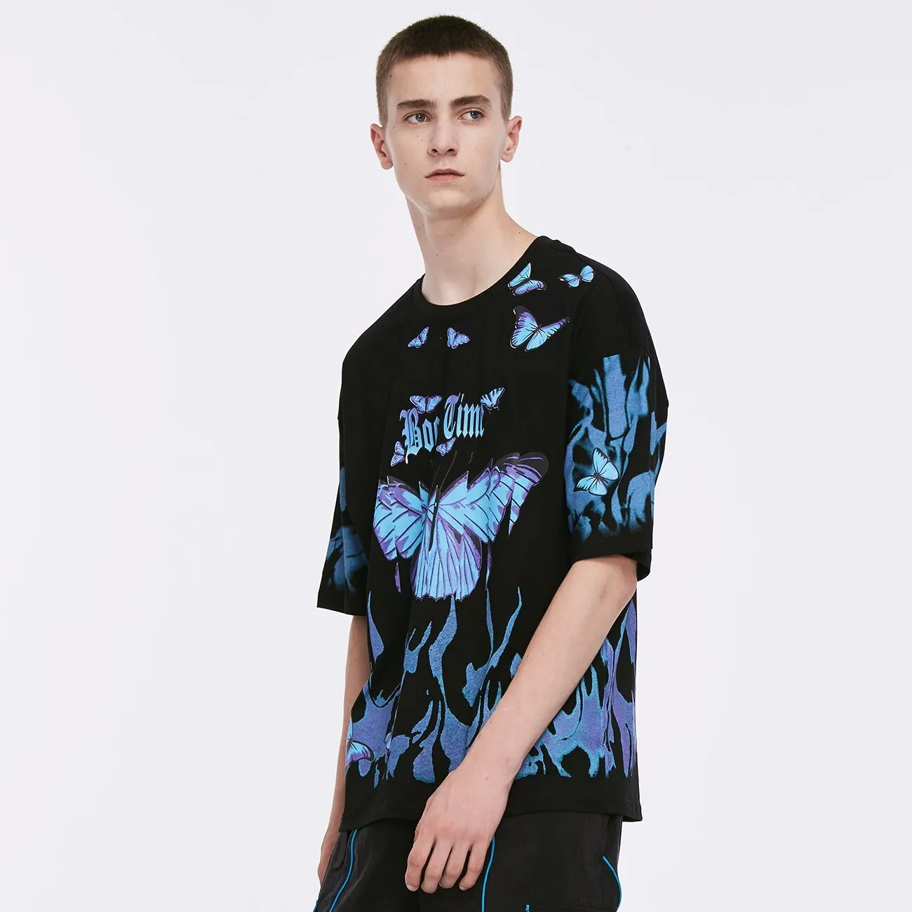 Blue Flame Butterfly Printed T Shirt Men Harajuku Streetwear Short Sleeve Casual Cotton Crew Neck Tees Shirt