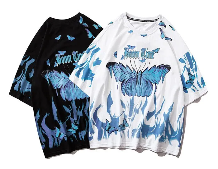 Blue Flame Butterfly Printed T Shirt Men Harajuku Streetwear Short Sleeve Casual Cotton Crew Neck Tees Shirt