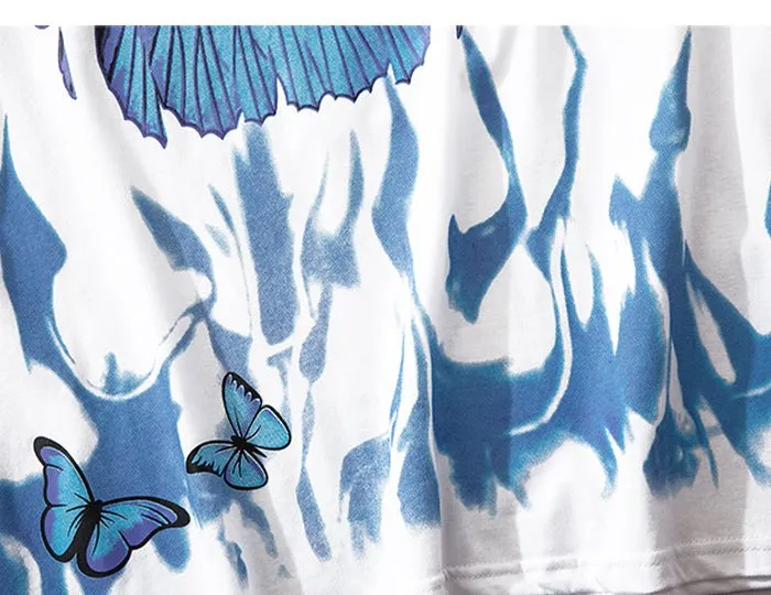 Blue Flame Butterfly Printed T Shirt Men Harajuku Streetwear Short Sleeve Casual Cotton Crew Neck Tees Shirt