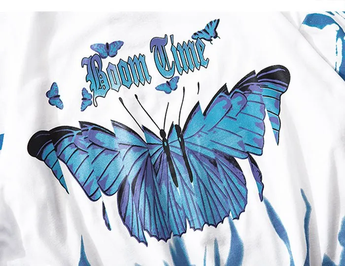 Blue Flame Butterfly Printed T Shirt Men Harajuku Streetwear Short Sleeve Casual Cotton Crew Neck Tees Shirt