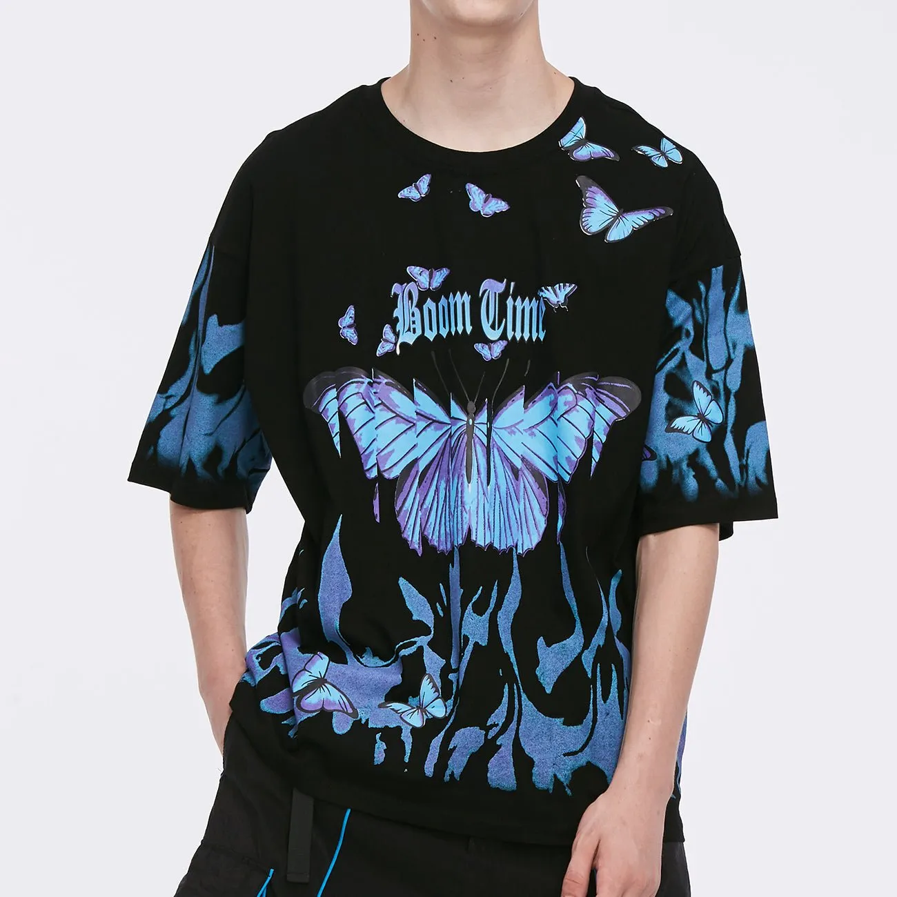 Blue Flame Butterfly Printed T Shirt Men Harajuku Streetwear Short Sleeve Casual Cotton Crew Neck Tees Shirt