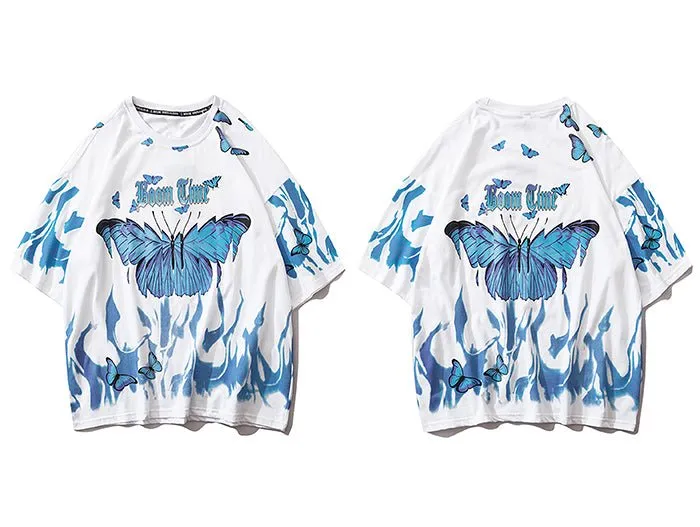 Blue Flame Butterfly Printed T Shirt Men Harajuku Streetwear Short Sleeve Casual Cotton Crew Neck Tees Shirt