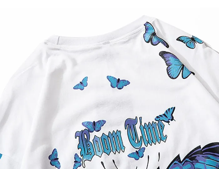 Blue Flame Butterfly Printed T Shirt Men Harajuku Streetwear Short Sleeve Casual Cotton Crew Neck Tees Shirt