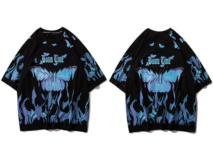 Blue Flame Butterfly Printed T Shirt Men Harajuku Streetwear Short Sleeve Casual Cotton Crew Neck Tees Shirt