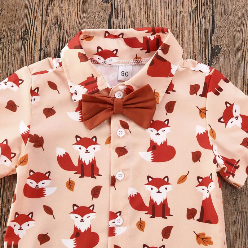 Boys Fox Print Button Up Collard Shirt with Bow Tie and Shorts Set Rust Orange