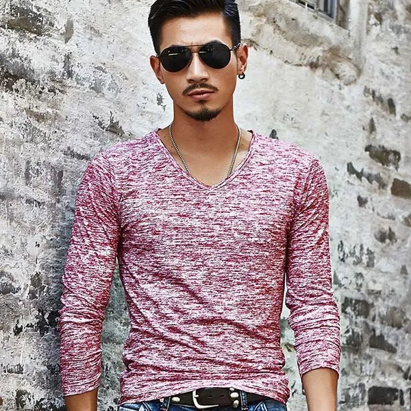 Brand V-Neck Top Slim Fit Long Sleeve TShirt Men Clothing Casual