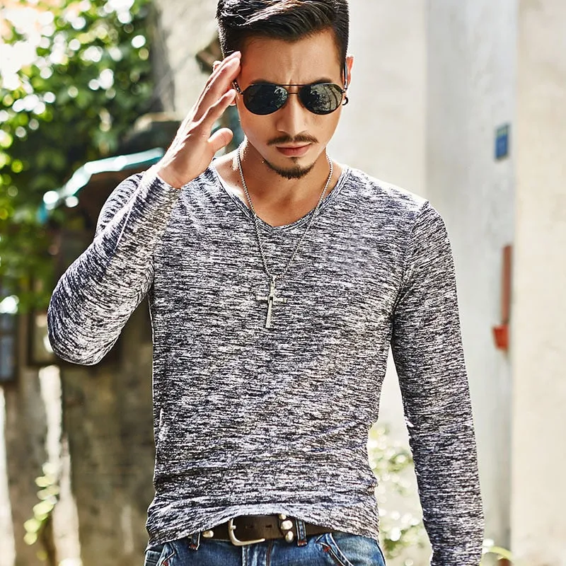 Brand V-Neck Top Slim Fit Long Sleeve TShirt Men Clothing Casual