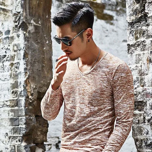 Brand V-Neck Top Slim Fit Long Sleeve TShirt Men Clothing Casual