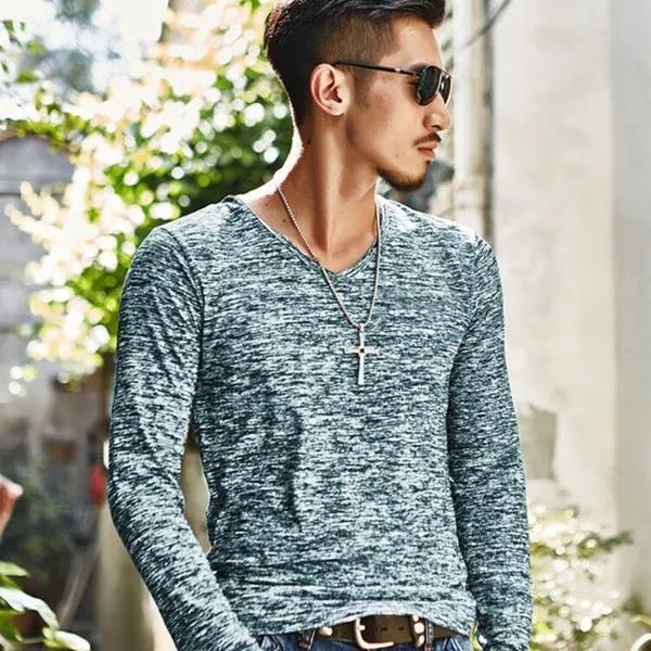 Brand V-Neck Top Slim Fit Long Sleeve TShirt Men Clothing Casual