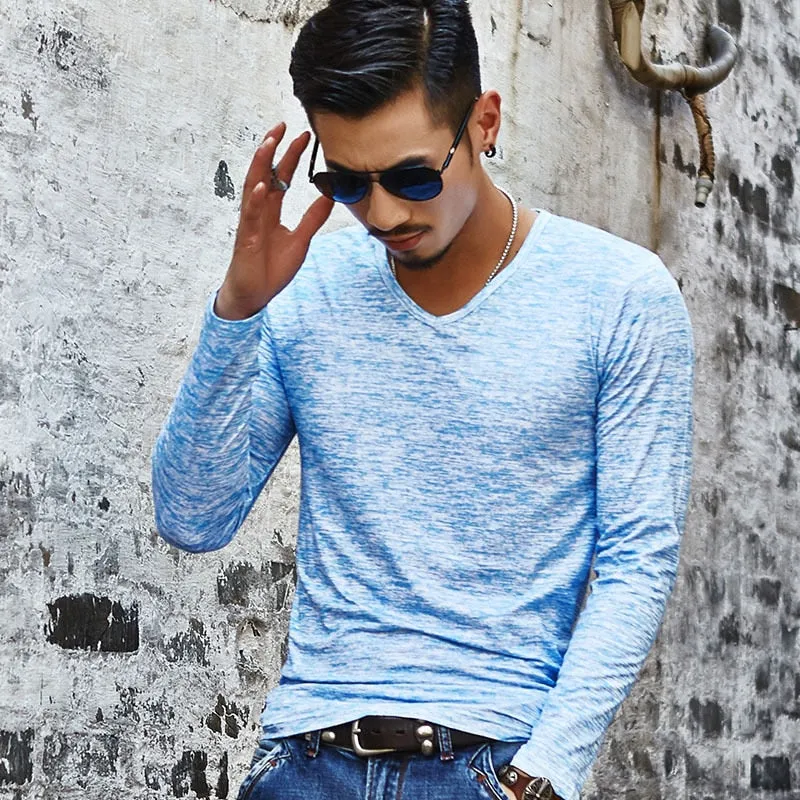 Brand V-Neck Top Slim Fit Long Sleeve TShirt Men Clothing Casual