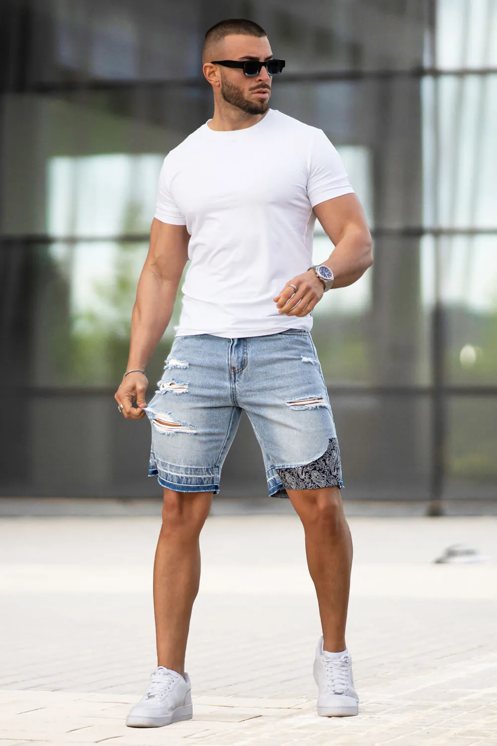 Buy $80 Free Shipping Men's Ripped Denim Short - Light Blue