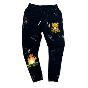 Mens Elegant Black Joggers with Unique Burning Cash Design