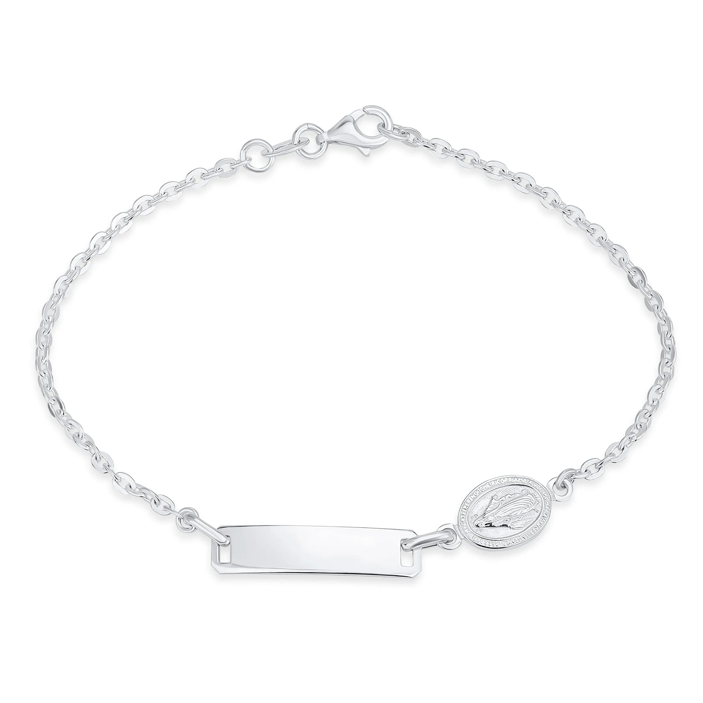 Dainty Virgin Mary ID Bracelet Figaro or Curb Chain Sterling Silver Wrist 6,7"