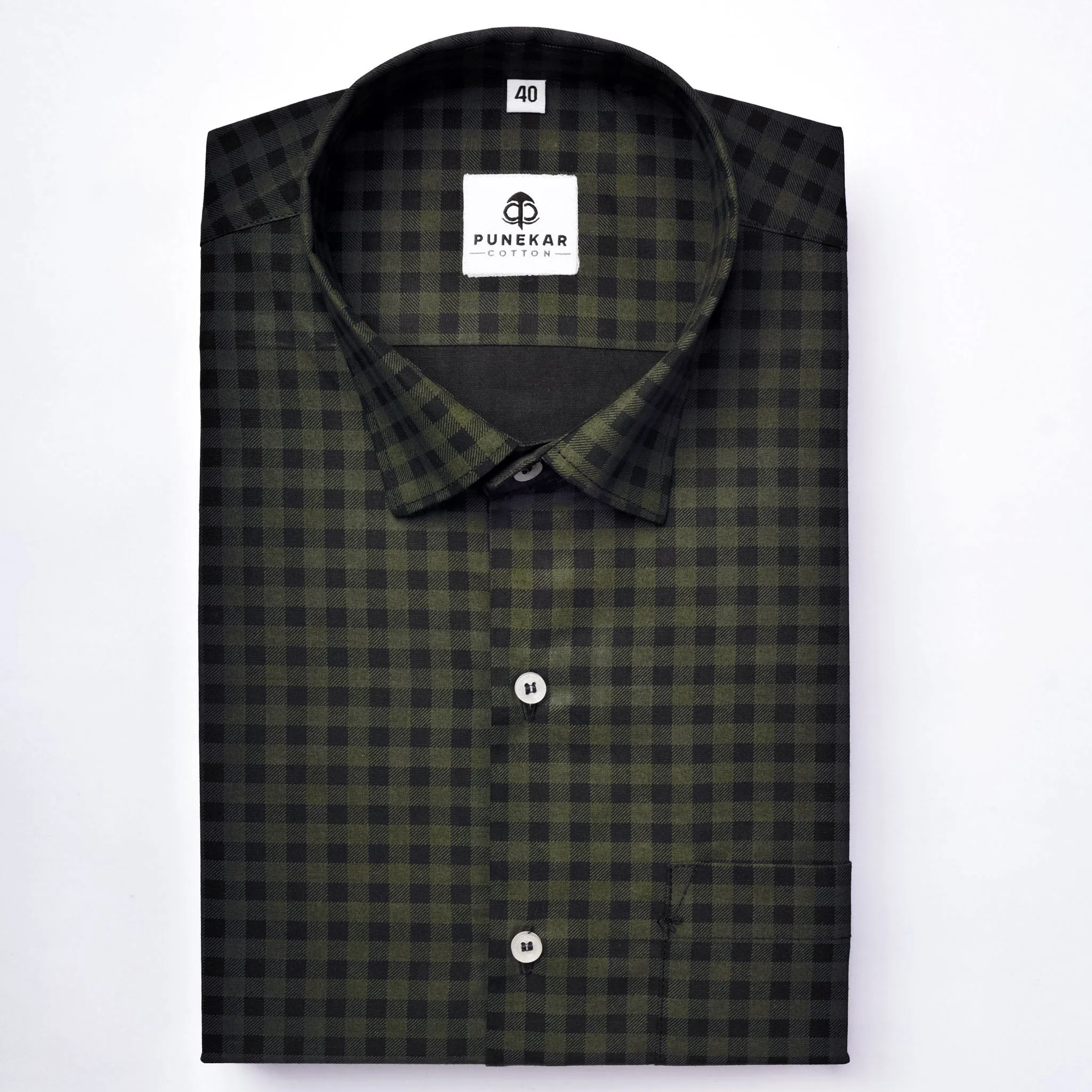 Dark Green Color Buffalo Checks Cotton Shirt For Men