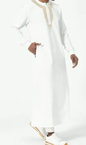 Embroidered Long Thobe for Muslim Men Kamees Sham R24 QL in Cream