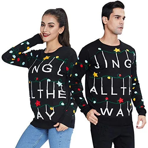 Goodstoworld Mens Womens Light Up Ugly Christmas Sweaters Tacky Black Knitted Pullover Jumper Led String Matching Xmas Funny Sweatshirt for Couples Gift Gingle All The Way