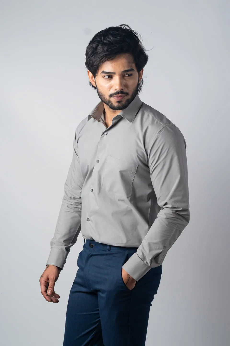 Grey Color Lycra Twill Cotton Shirt For Men