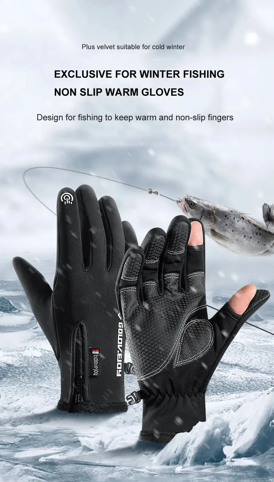 Insulated Fishing Gloves 2-Finger Flip Gloves Non-Slip Waterproof