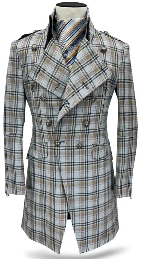 long coat men, plaid high collar, Gray