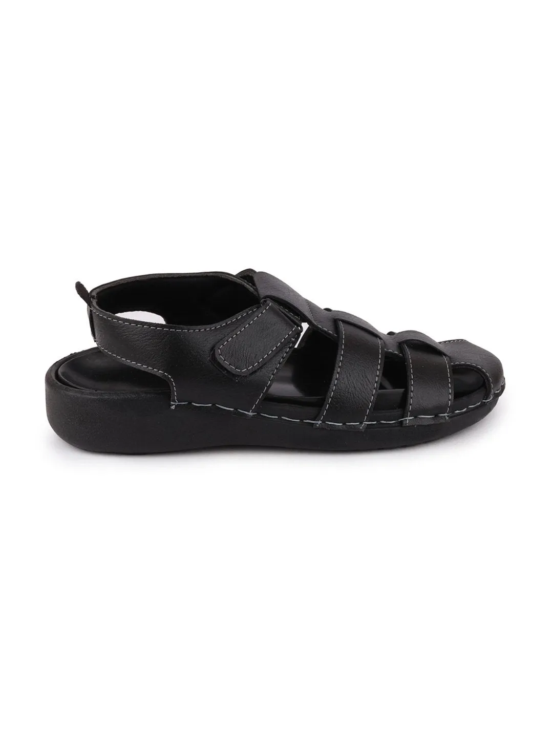 Men Black Casual Hook & Loop Fishermen Sandals